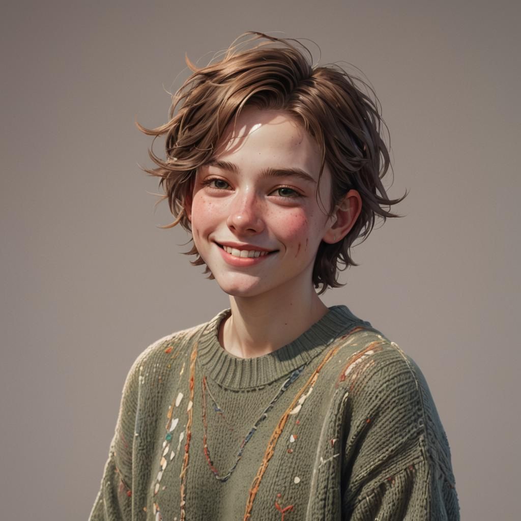 Hyperrealistic Portrait of a Smiling Boy in Sweater