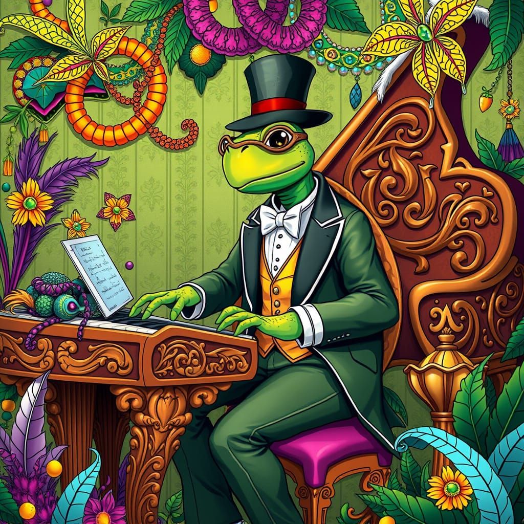 Turtle Pianist on Mardi Gras Float in Art Nouveau Style