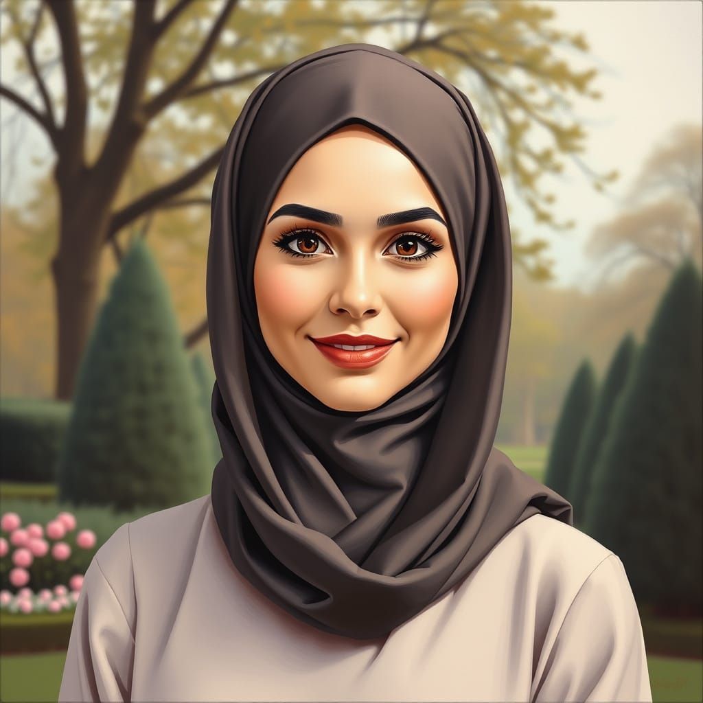 Elegant Hijabi Woman in Garden Park Oil Painting