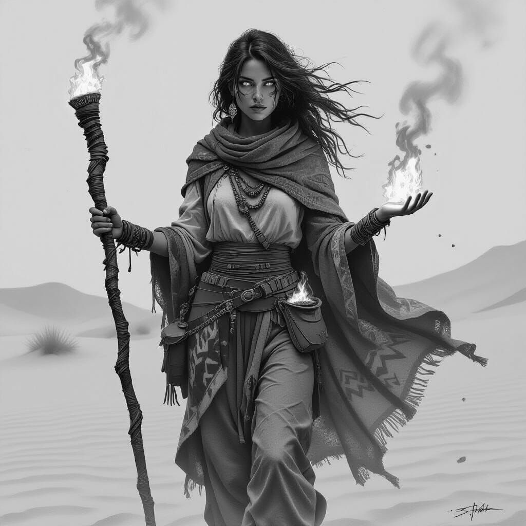 Desert Sorceress Summons Flame: Charcoal Drawing