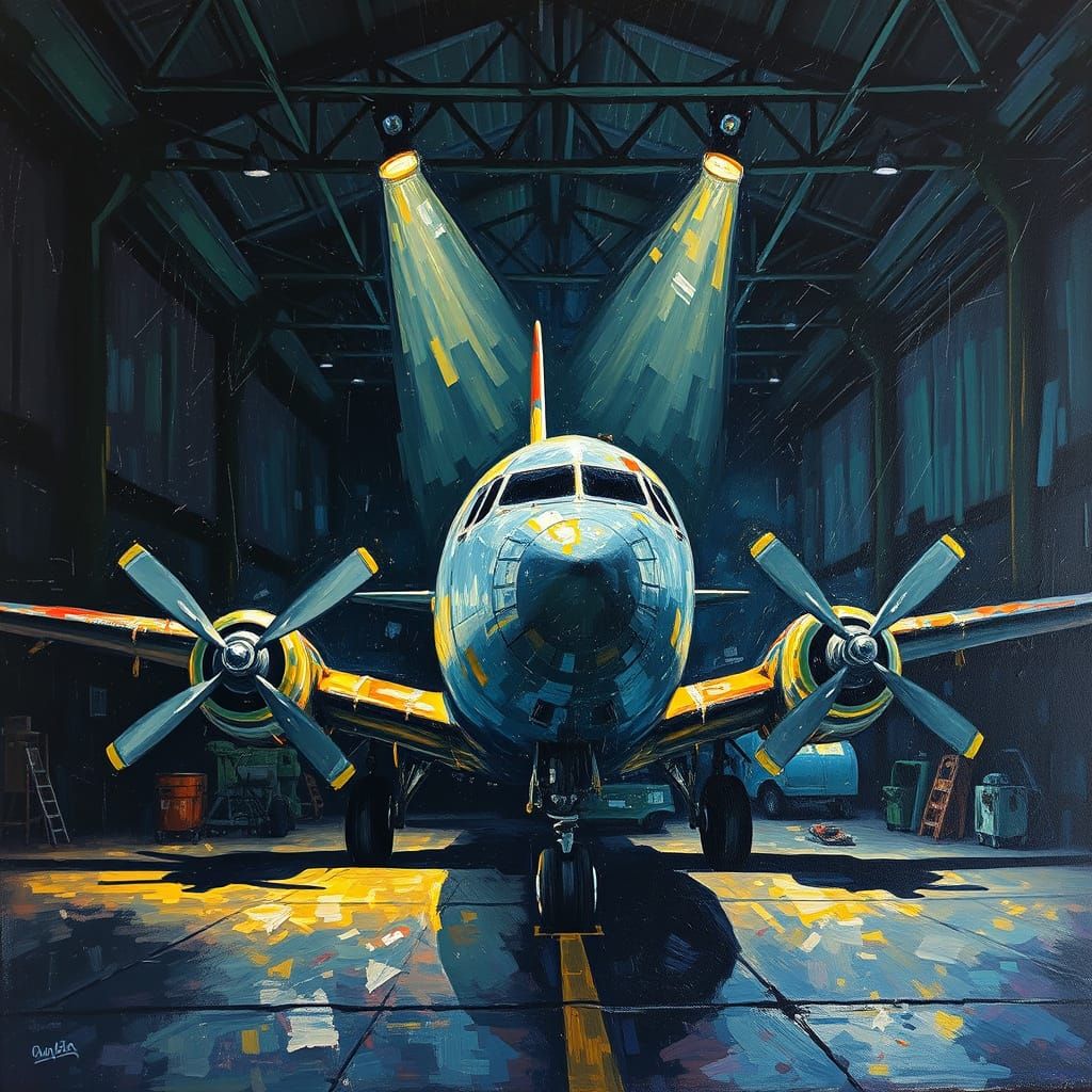 Neo-Impressionist Airplane in Dimly Lit Hangar