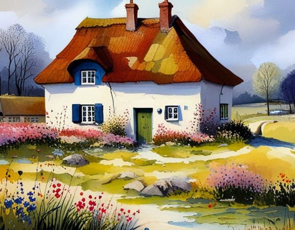 Charming Thatched-Roof House with Spring Garden View