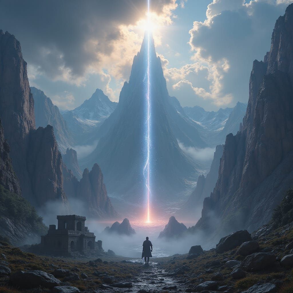 Epic Fantasy Landscape with Towering Mountains and Ancient R...