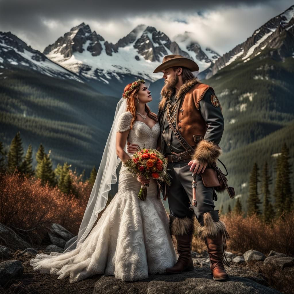 Fantasy Wedding Kiss of Mountain Hunters in Hyperrealism