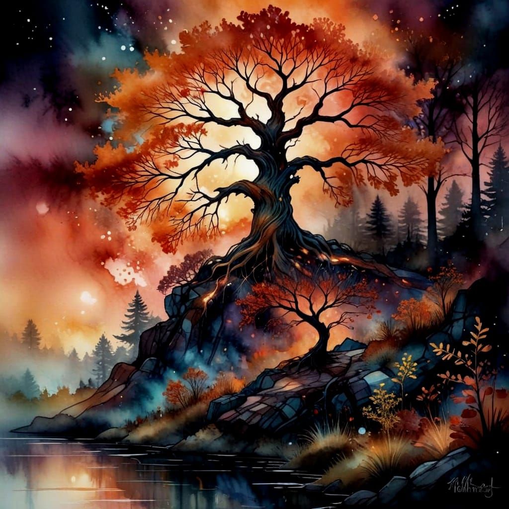 Fantasy Tree of Life in Summer Evening Woods
