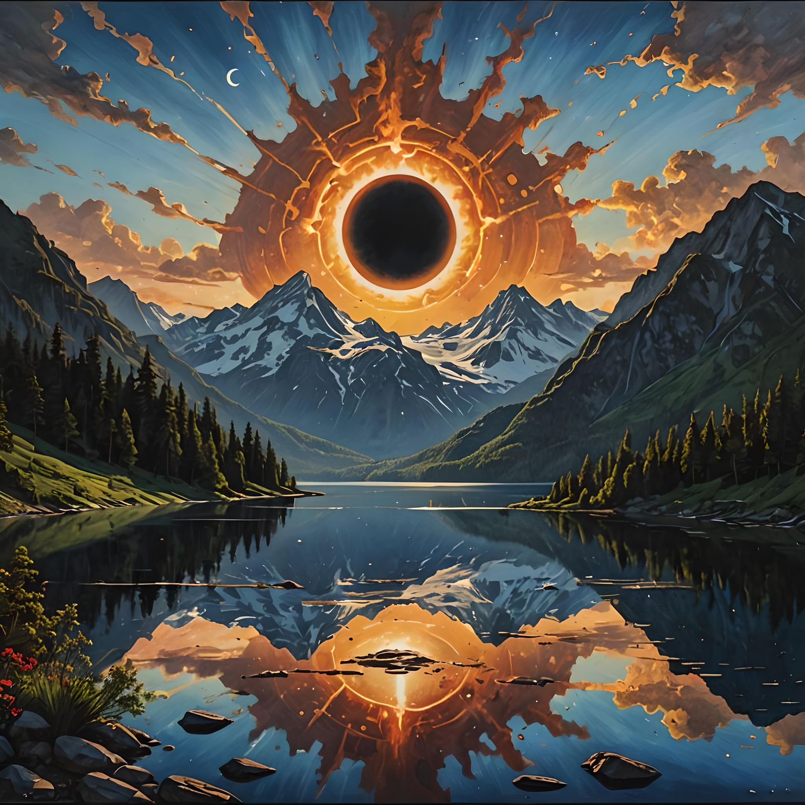 Dramatic Solar Eclipse Over Lake: Hyperrealistic Concept Art