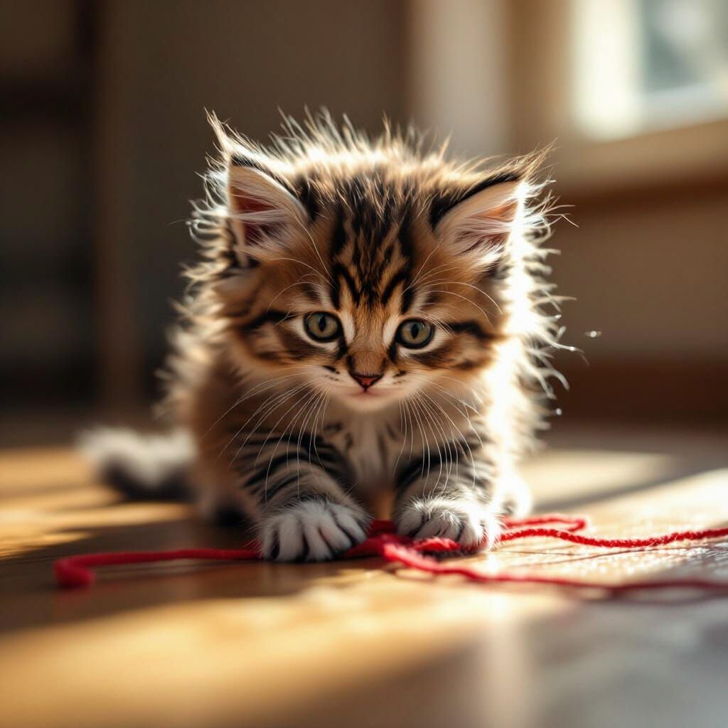 Fluffy Kitten Plays with Yarn: Photorealistic 4K