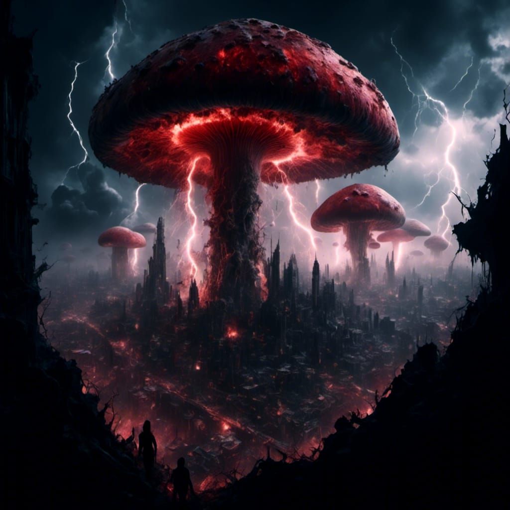 Gigantic Female Mushroom Cloud in Cyberpunk Cityscape
