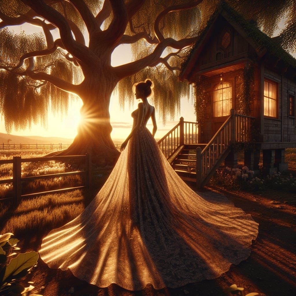 Woman in Gown by Treehouse at Sunset