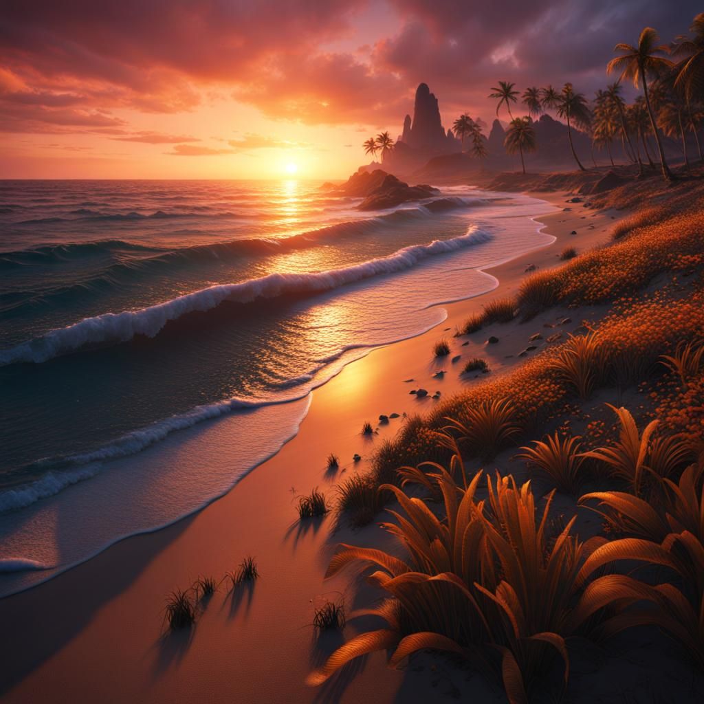 Vivid Beach Sunset in Detailed Matte Painting Style