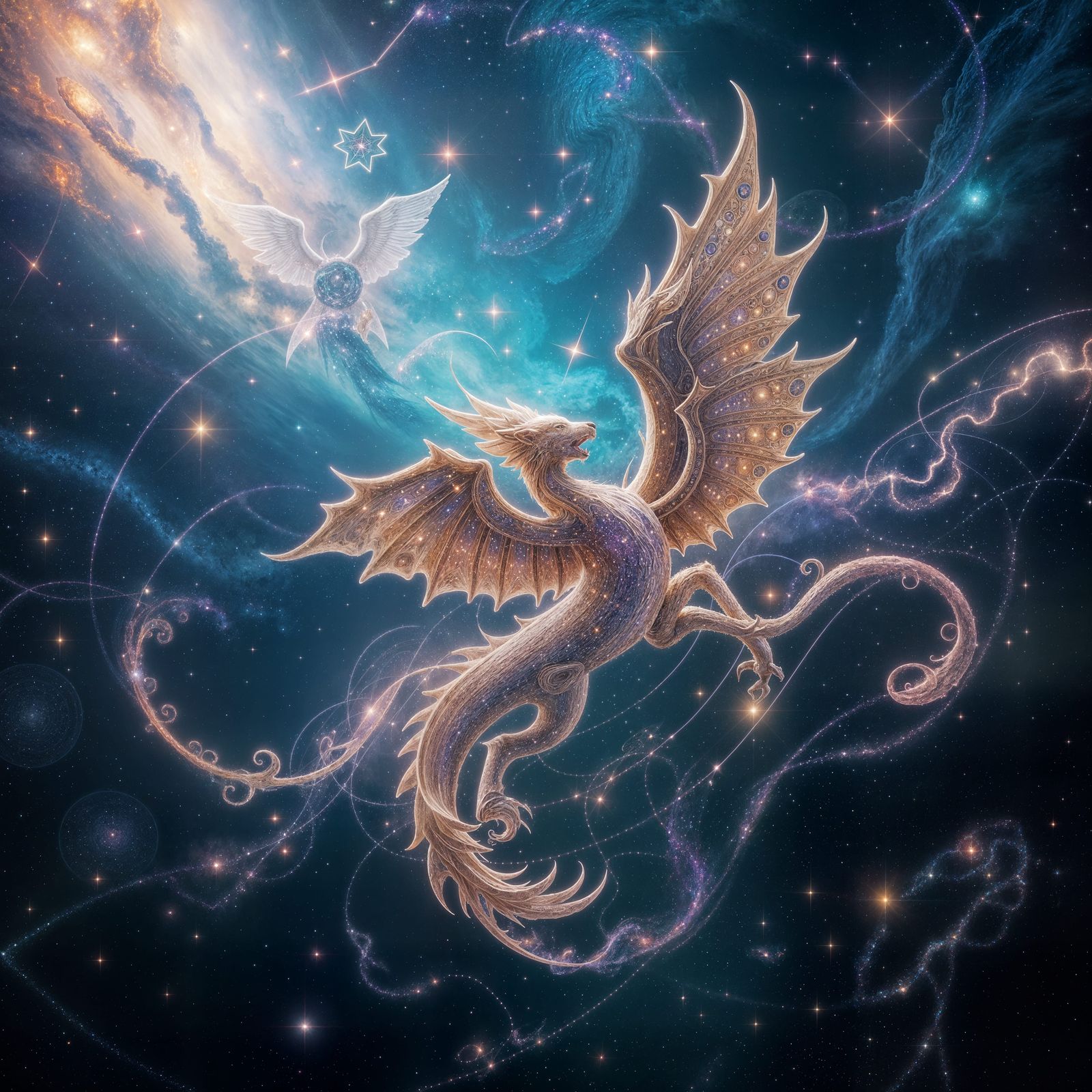Celestial Mythical Beings Emerge from Cosmic Nebulae