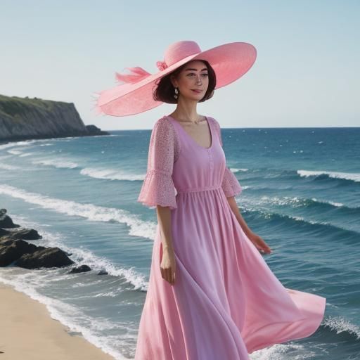 Woman in Pink Silk Dress by the Sea