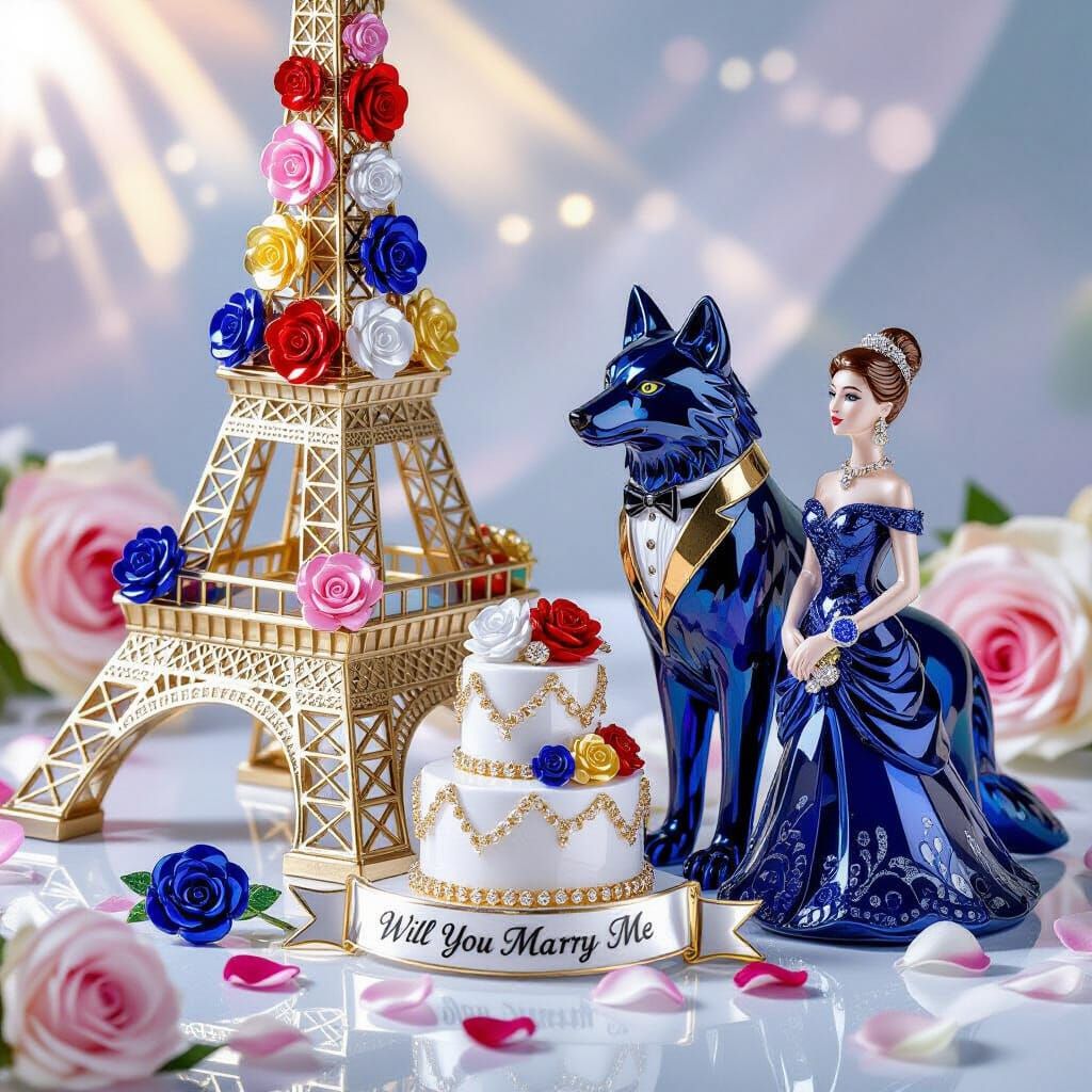 Glass Bead Eiffel Tower Sculpture with Wolf and Woman