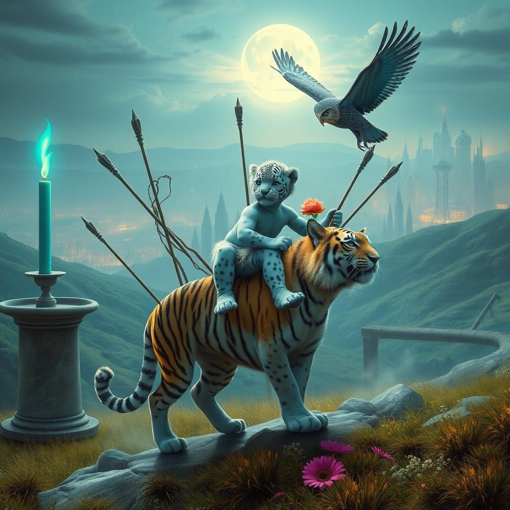 Dreamlike Scene with Multilimbed Boy Riding Tiger, Inspired...