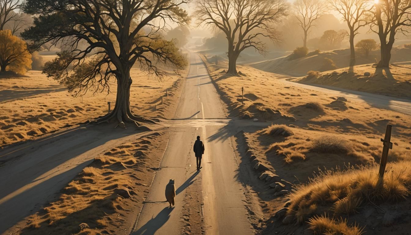 Solitary Figure Contemplates Two Paths in Golden Light