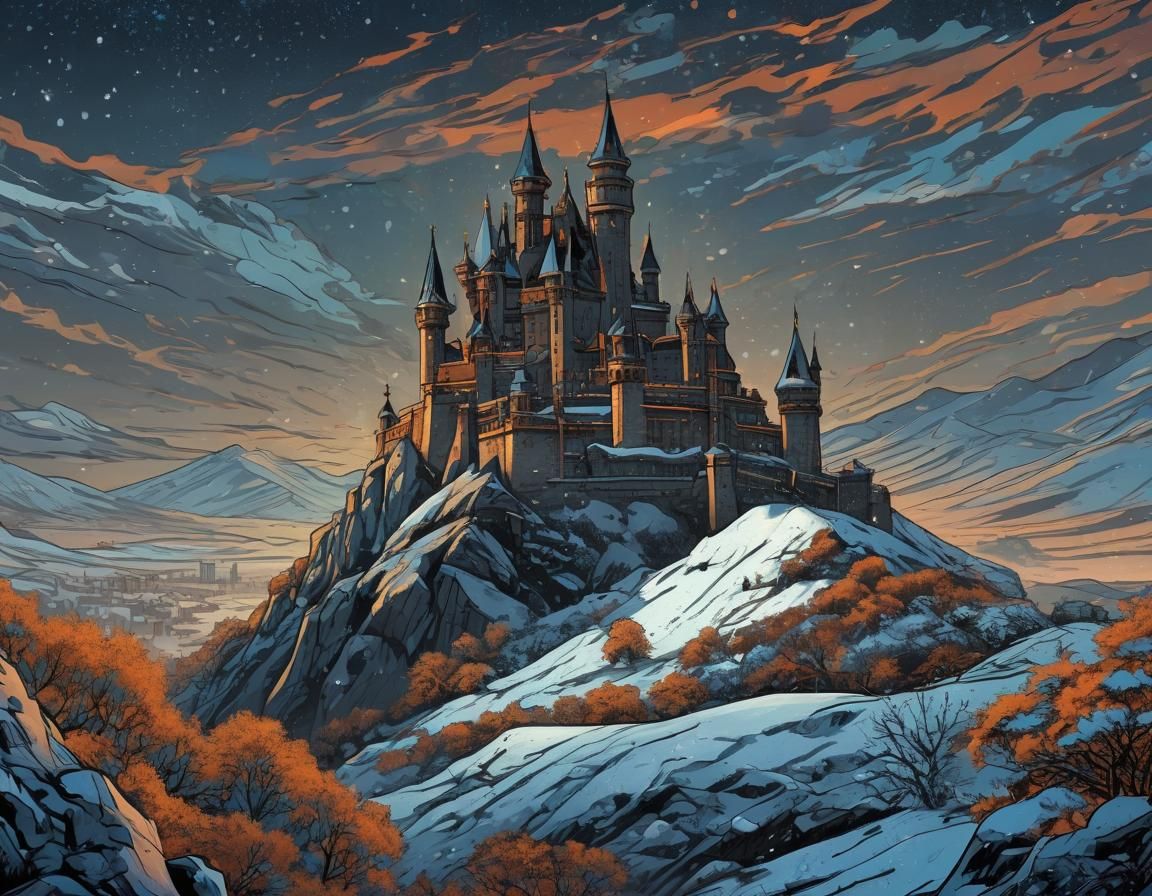 Castle on Snowy Hill: A Dynamic Comic Book Illustration