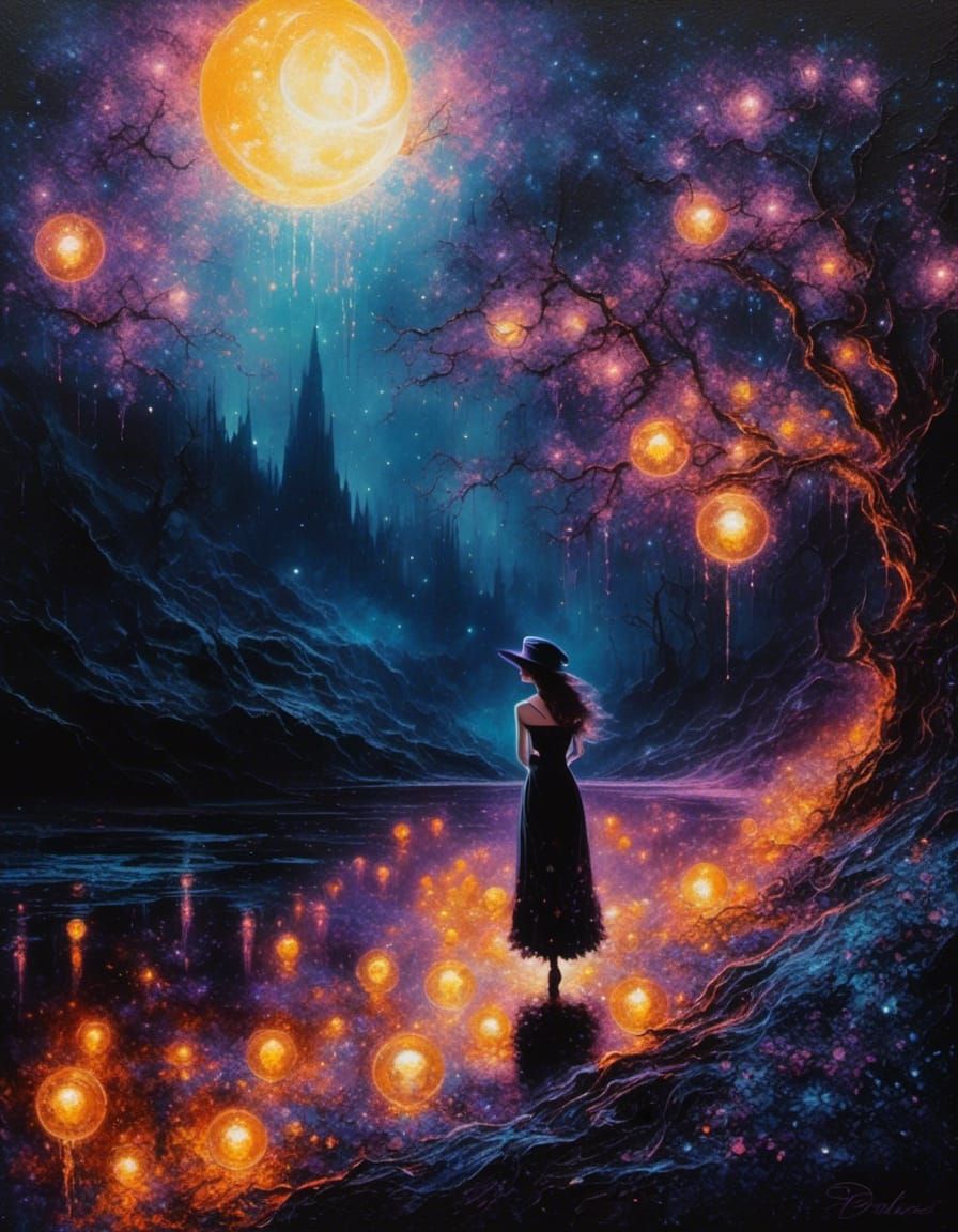 Flashing Light Orbs Woman Portrait in Impasto Style