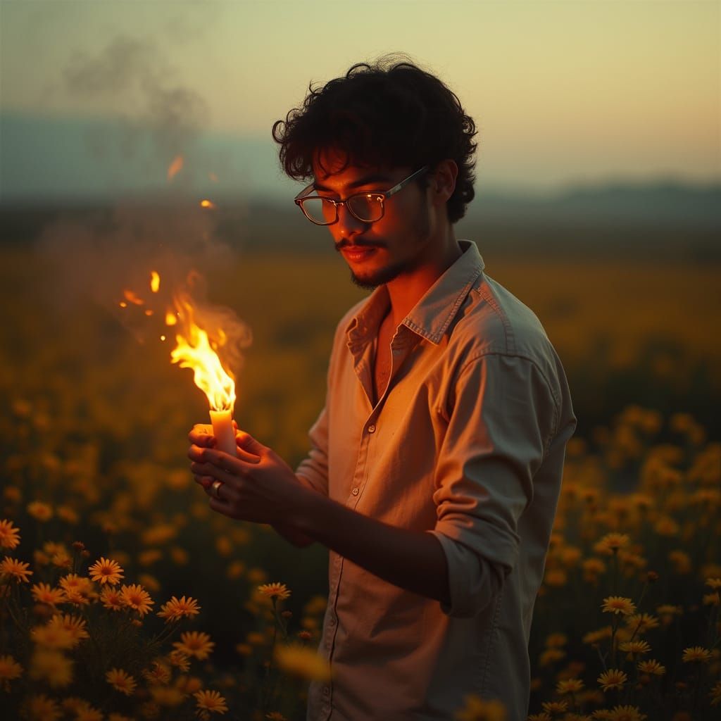 Moroccan Man Walks Through Burning Daisy Field