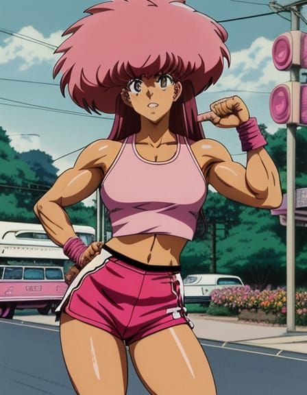 Muscled Anime Maiden Stands on Bus Stop