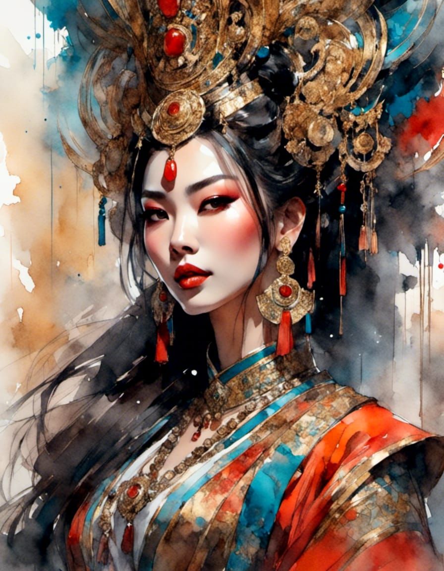 Ancient Dynasty Empress in Gouache and Watercolor Style