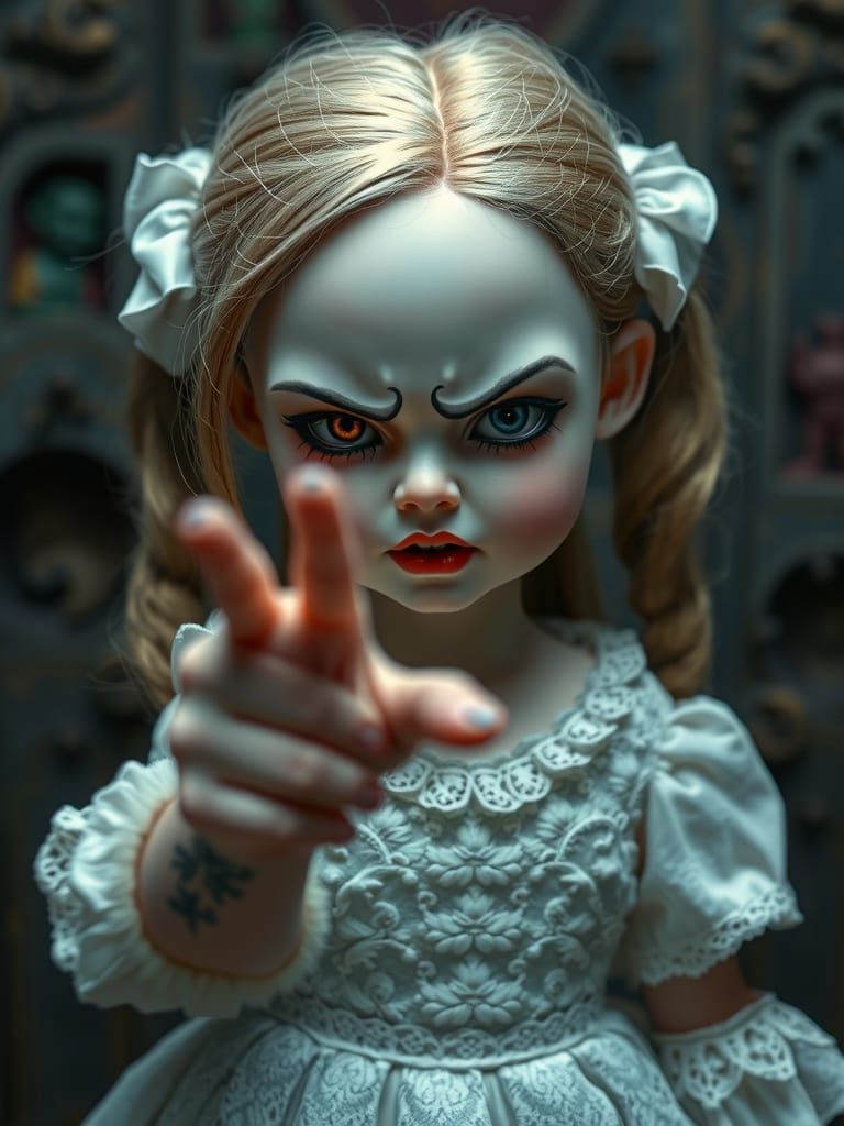 Menacing Gothic Doll Points a Finger in Hyperrealistic Style