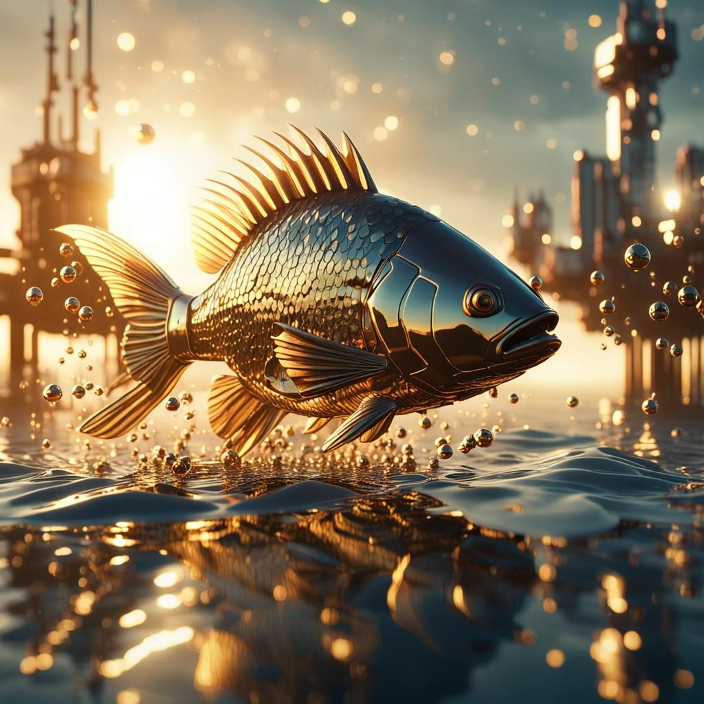 Futuristic Sci-Fi Fish Leaping Above Water