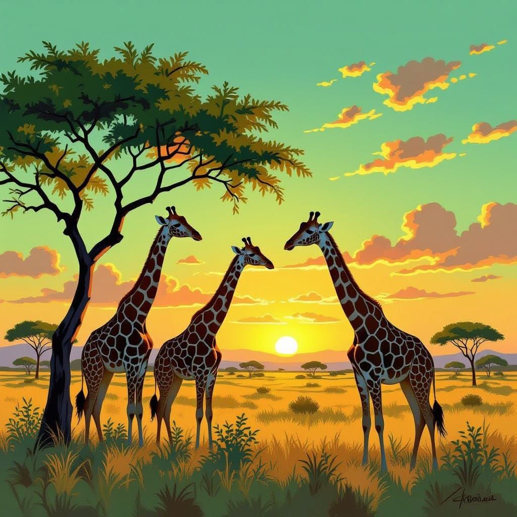 Giraffe Grove Harmony in Neo-Impressionist Style