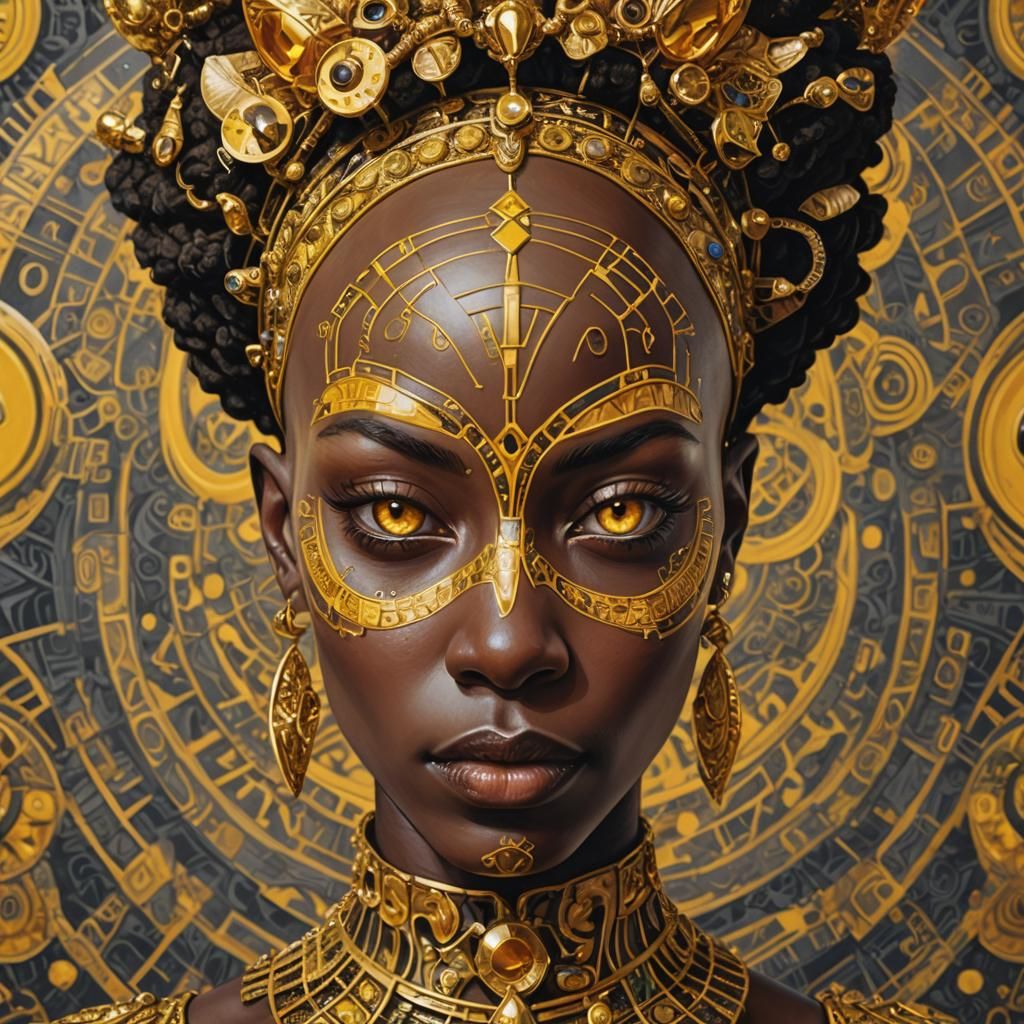 Afrofuturist Portrait with Golden Cat Designs