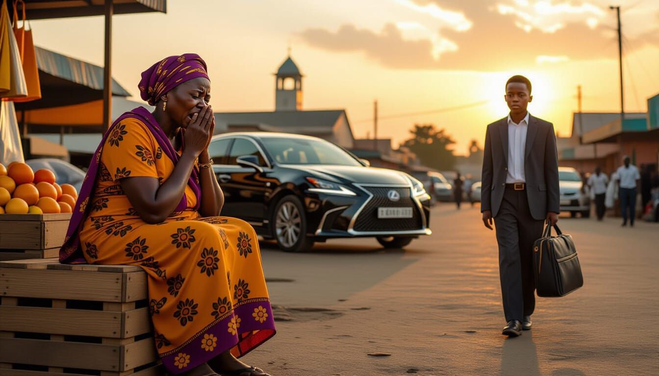 Emotional Scene: Mother's Grief Outside African Market at Su...