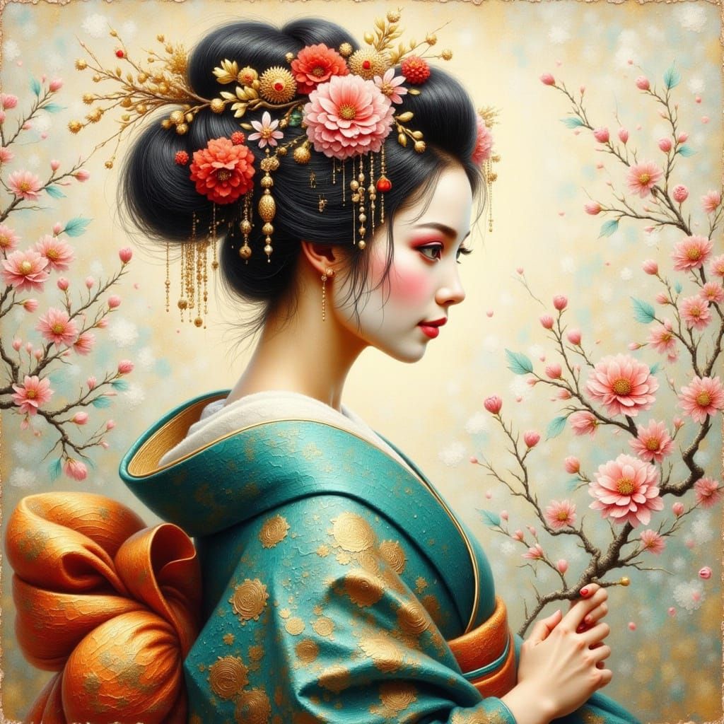 Serene Geisha Portrait with Textured Flowers