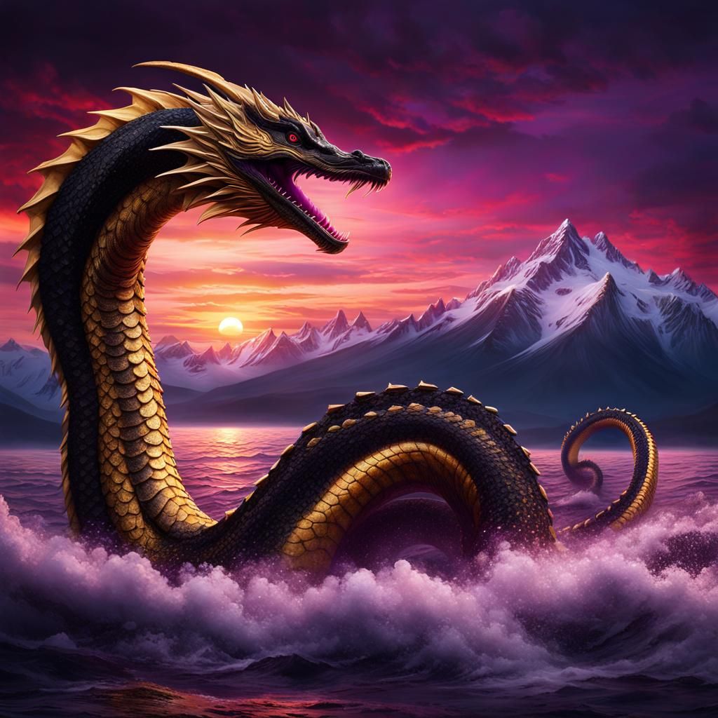 Majestic Sea Serpent Emerges at Sunset: Digital Painting