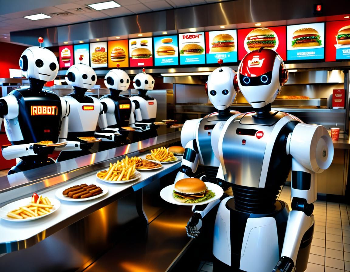 Robots Serving Fast Food in Futuristic Restaurant