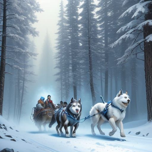 Dogs Pulling Sled Through Winter Forest