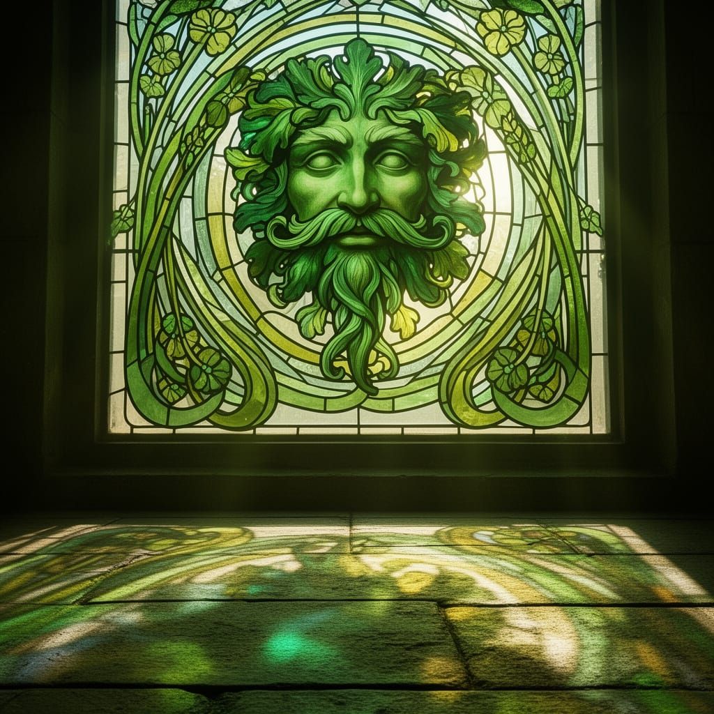 Medieval Green Man Stained Glass Art Nouveau