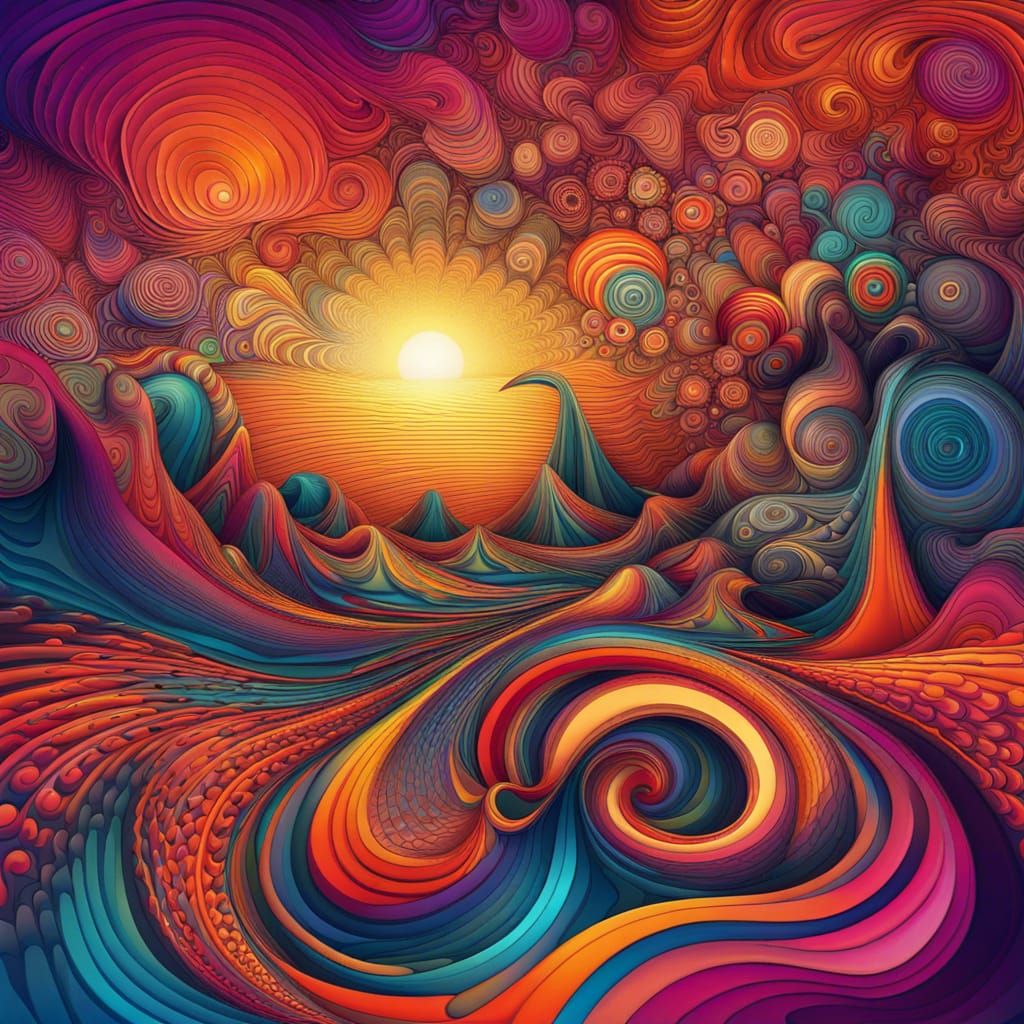 Psychedelic Sunset over Surreal Landscape in Fractal Art