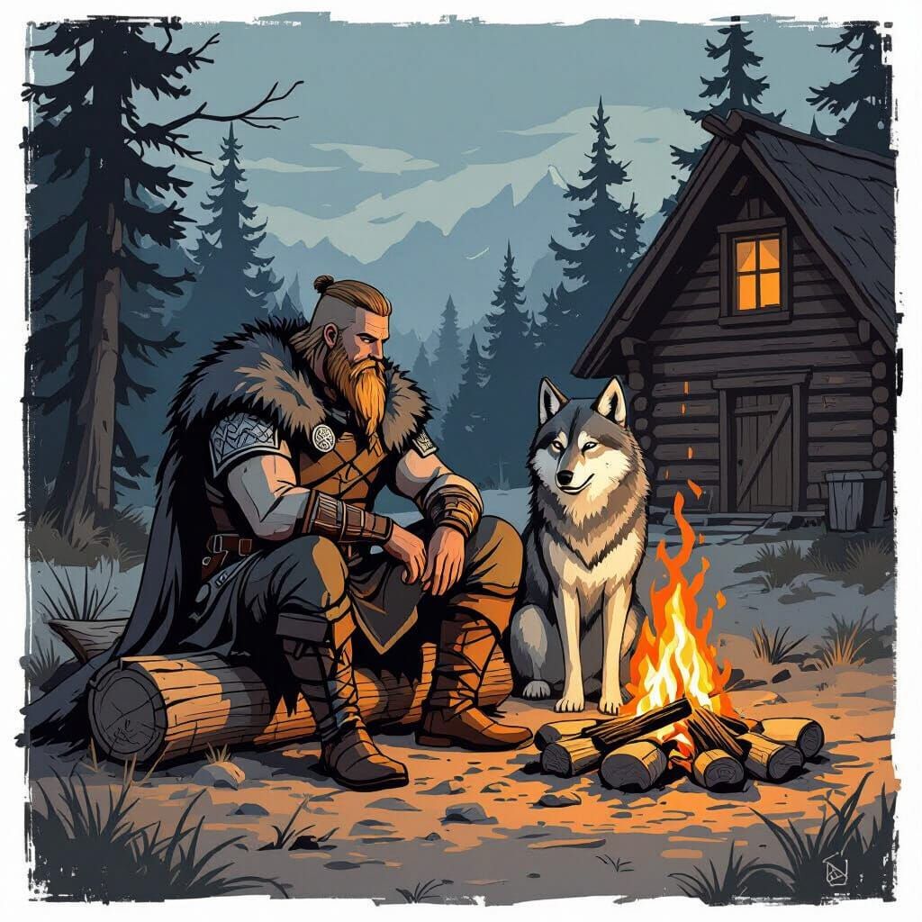 Viking Warrior and Wolf by Campfire