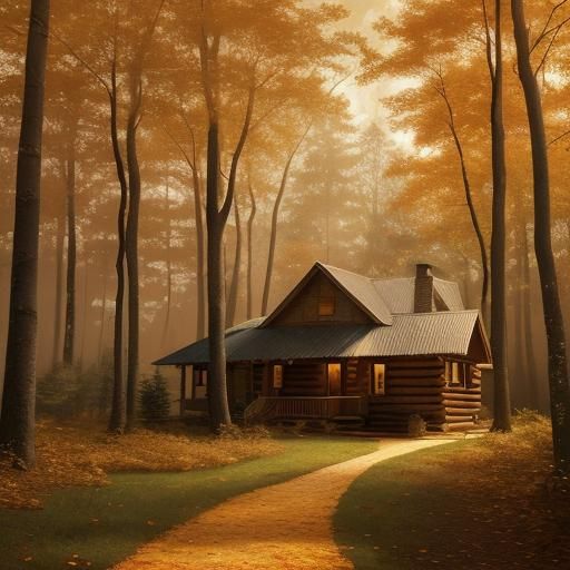 Cozy Cabin in Autumn Forest, Impressionistic Oil Painting