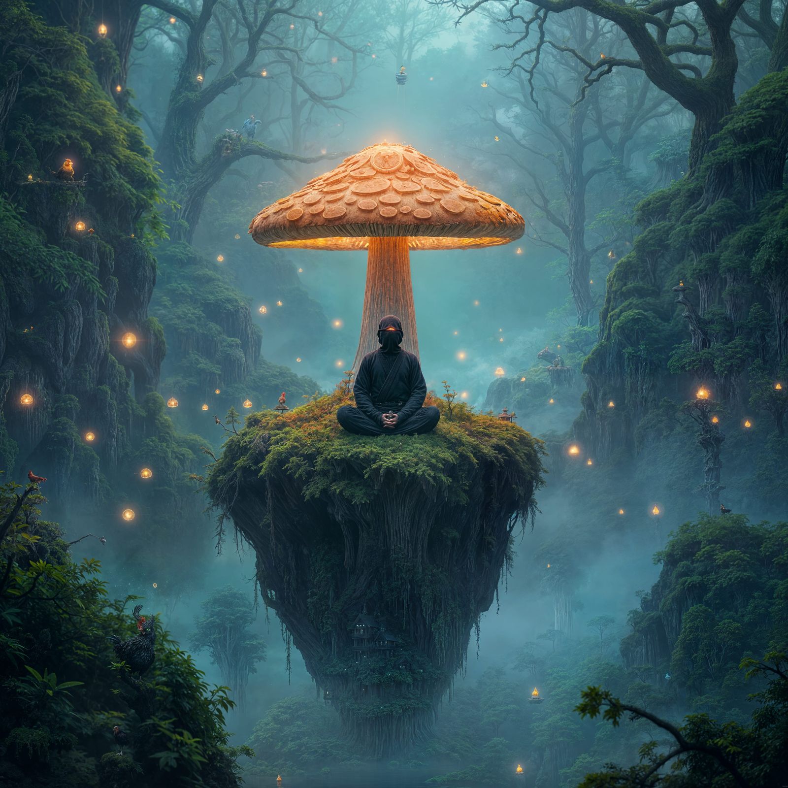 Ninja Chicken Meditating on Bioluminescent Mushroom Island