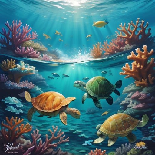 Dreamy Watercolor Turtles in Vibrant Ocean