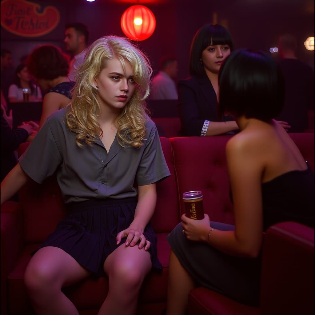 Boy in Skirt and Wig in Dimly Lit Club