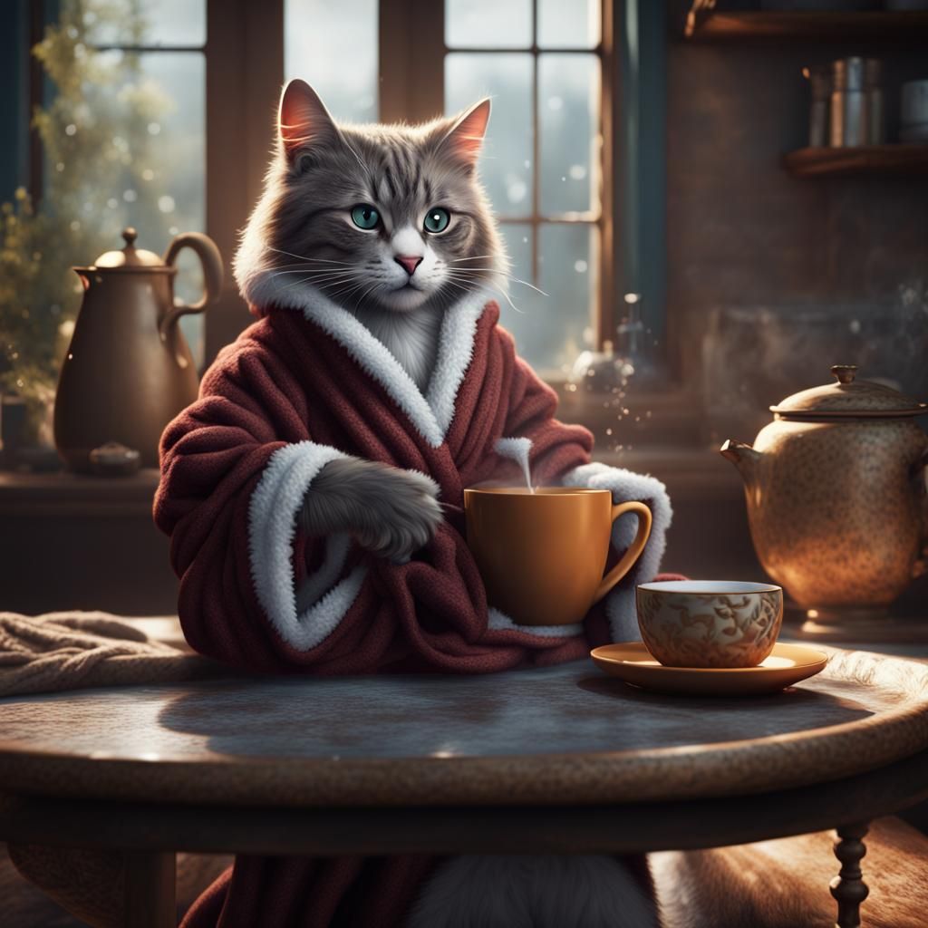 Cat in Bathrobe Drinking Coffee: Detailed Fantasy Art