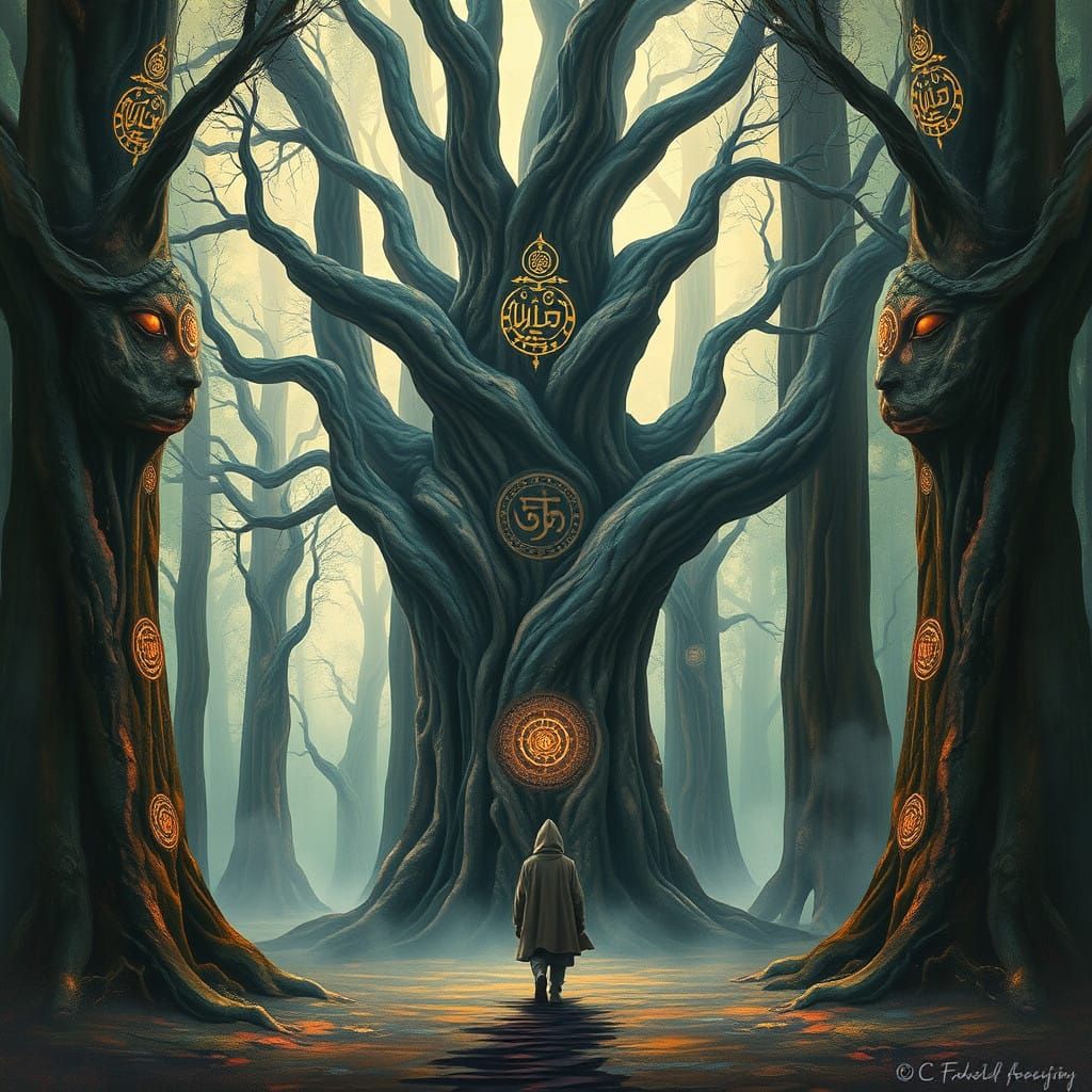 Mystical Forest Encounter in Vibrant Street Art Style