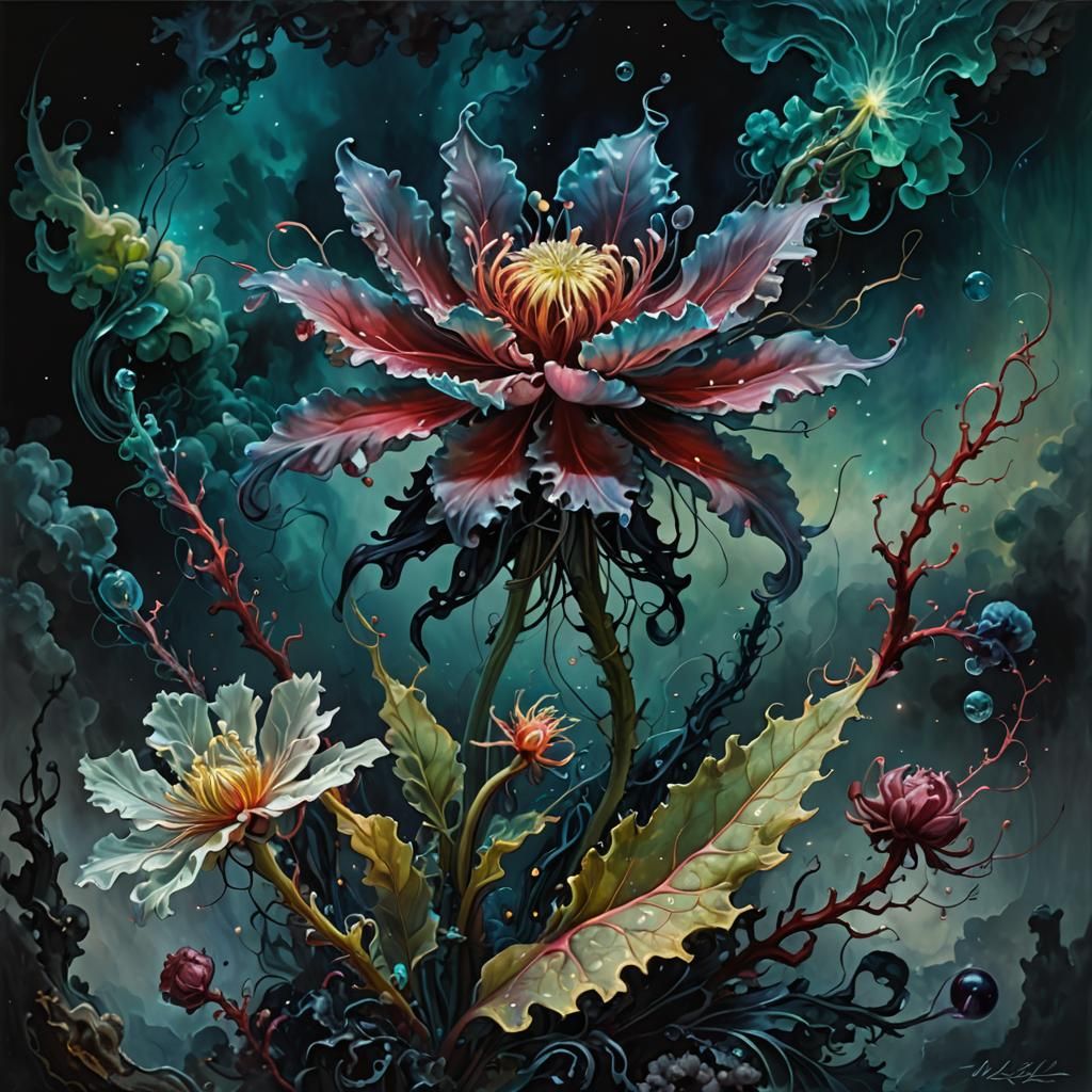 Dark Bioluminescent Flowers in Watercolor Nebula