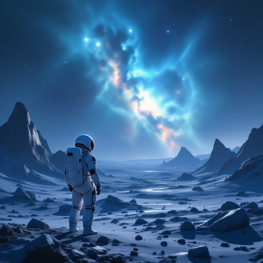 Astronaut on Alien Planet Gazing at Nebula Sky