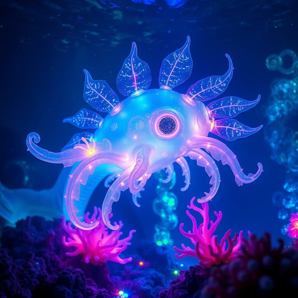 Surreal Aquatic Cosmic Entity Emerge from Iridescent Reef
