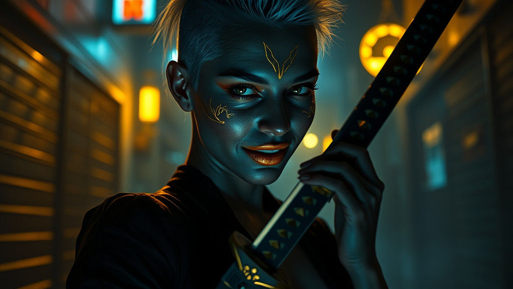 Dystopian Beauty with Katana in Cyberpunk Alley