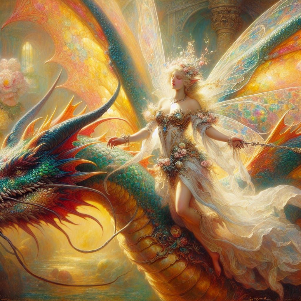Fairy Queen on Rainbow Dragon in Luminist Style