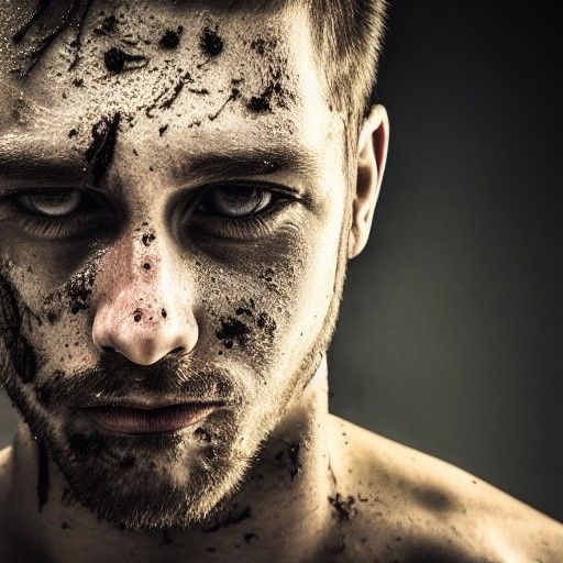 Angry Man with Muddy Face in Studio Light
