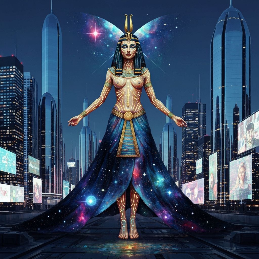 Celestial Egyptian Goddess Over Futuristic Cityscape