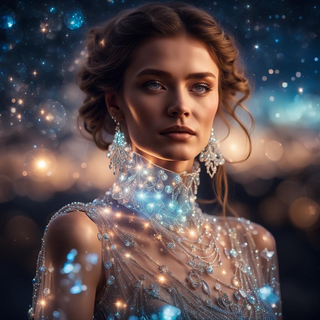 Woman in Glass Dress Under Night Sky